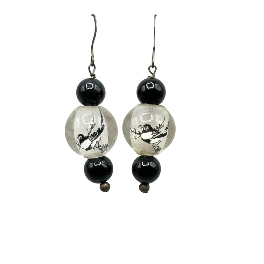 Reverse Painted Chinese Beads Dangle Earrings Black And White Birds Vintage